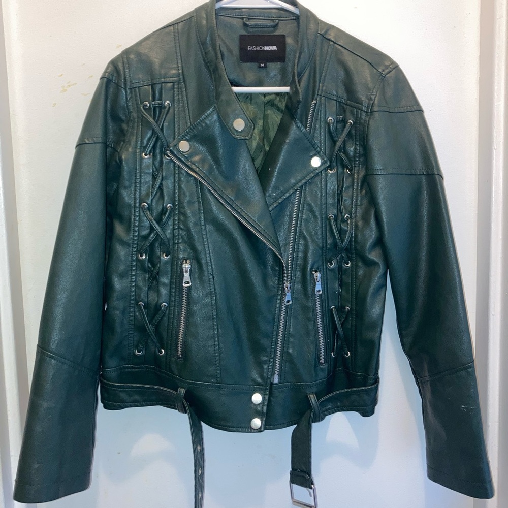 Fashion Nova French Mole Moto Jacket- Green